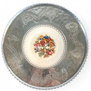 American Limoges Hammered Aluminum Round Tray 22 K White Gold Plate Insert